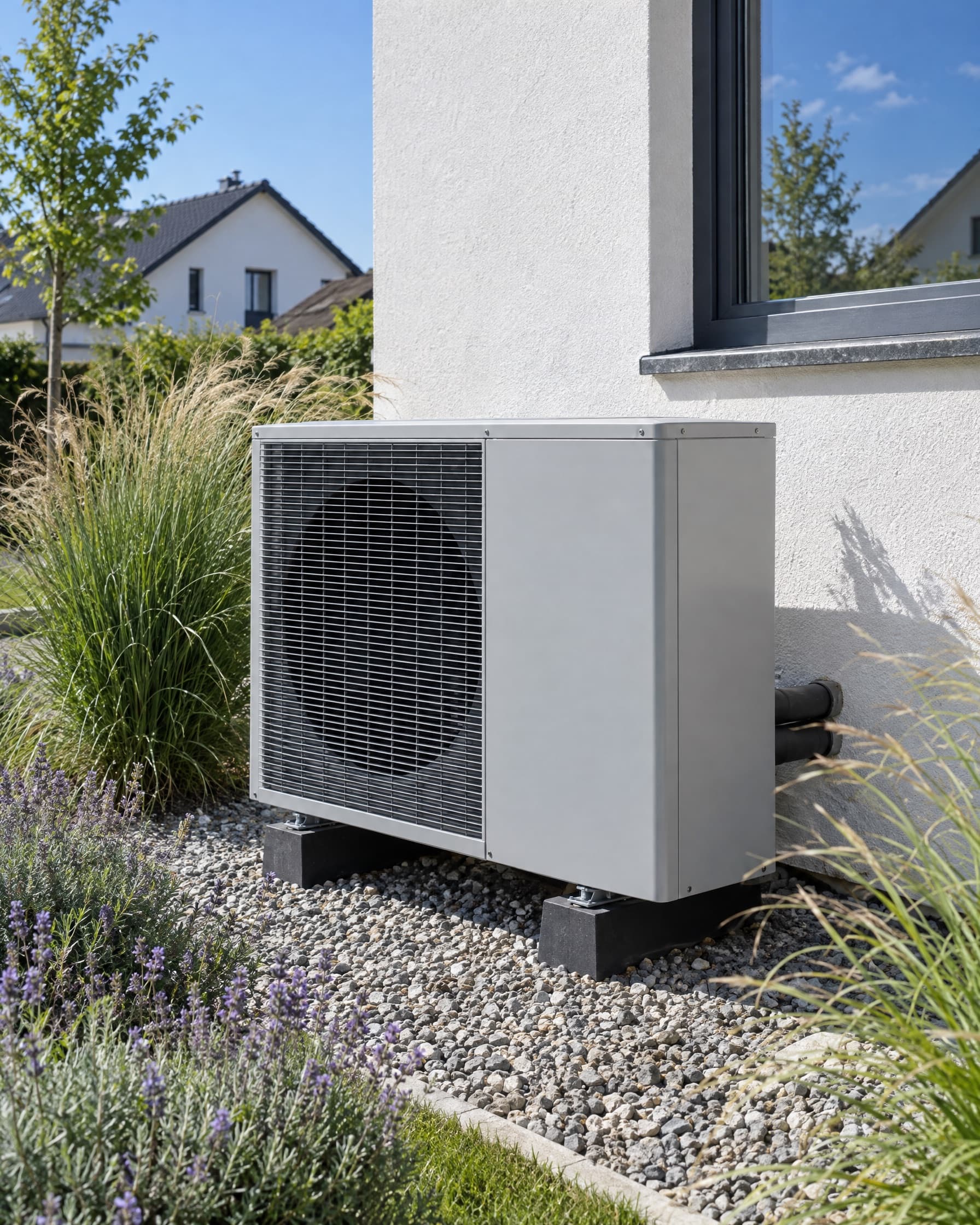 Außengerät einer Wärmepumpe im Kiesbett neben einem Neubau