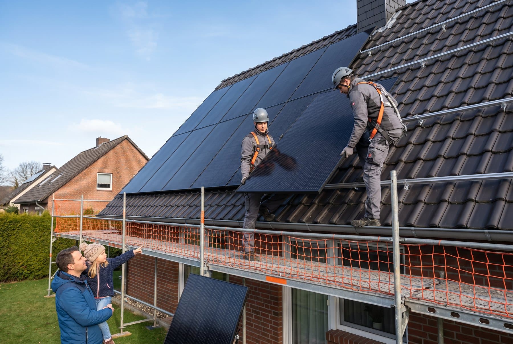 Zwei Monteure setzen ein Solarmodul auf das Ziegeldach, Vater und Tochter schauen aus dem Garten zu